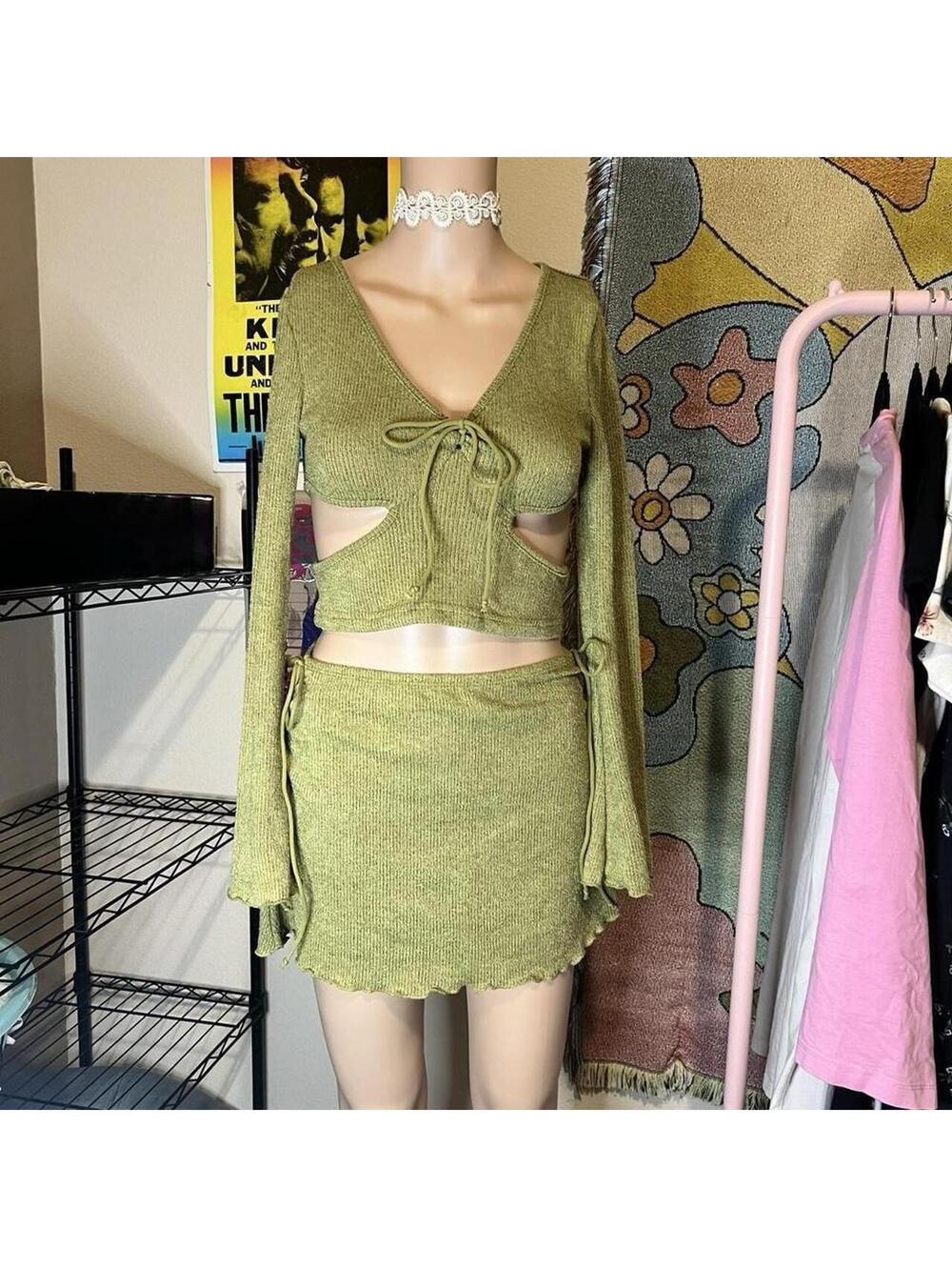 Shein Green Knit Fairycore Cutout Two Piece Set